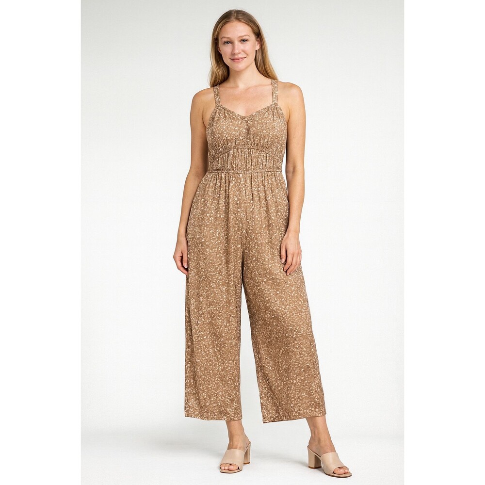Arizona Jean Co Jumpsuit Womans Sm Brown Floral Smocked Strappy Wide Leg Peasant